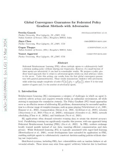 Global Convergence Guarantees for Federated Policy Gradient Methods with
  Adversaries
