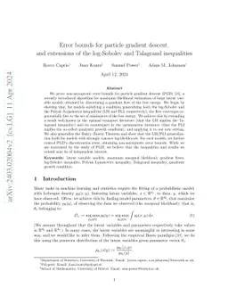 Error bounds for particle gradient descent, and extensions of the log-Sobolev and Talagrand inequalities