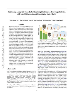 Addressing Long-Tail Noisy Label Learning Problems: a Two-Stage Solution
  with Label Refurbishment Considering Label Rarity