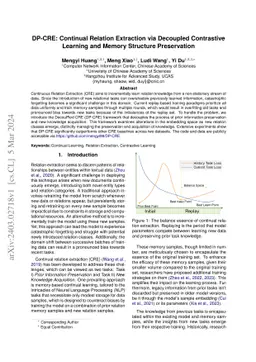 DP-CRE: Continual Relation Extraction via Decoupled Contrastive Learning
  and Memory Structure Preservation