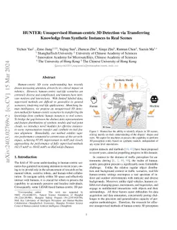 HUNTER: Unsupervised Human-centric 3D Detection via Transferring
  Knowledge from Synthetic Instances to Real Scenes