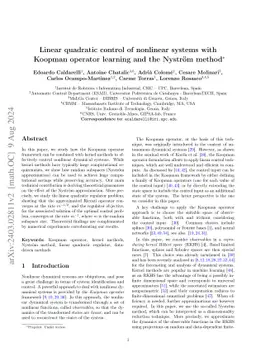 Linear quadratic control of nonlinear systems with Koopman operator learning and the Nyström method