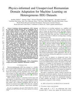 Physics-informed and Unsupervised Riemannian Domain Adaptation for
  Machine Learning on Heterogeneous EEG Datasets