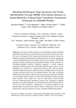 Decoding Multilingual Topic Dynamics and Trend Identification through
  ARIMA Time Series Analysis on Social Networks: A Novel Data Translation
  Framework Enhanced by LDA/HDP Models