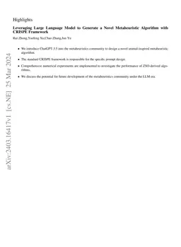 Leveraging Large Language Model to Generate a Novel Metaheuristic
  Algorithm with CRISPE Framework