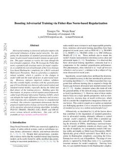 Boosting Adversarial Training via Fisher-Rao Norm-based Regularization