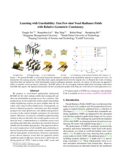 Learning with Unreliability: Fast Few-shot Voxel Radiance Fields with
  Relative Geometric Consistency