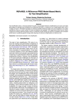 REFeREE: A REference-FREE Model-Based Metric for Text Simplification