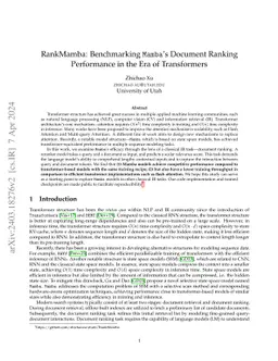 RankMamba: Benchmarking Mamba's Document Ranking Performance in the Era of Transformers