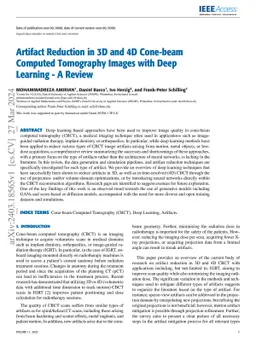 Artifact Reduction in 3D and 4D Cone-beam Computed Tomography Images
  with Deep Learning -- A Review