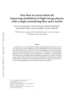 One flow to correct them all: improving simulations in high-energy
  physics with a single normalising flow and a switch