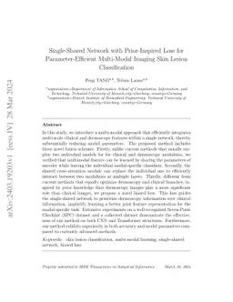 Single-Shared Network with Prior-Inspired Loss for Parameter-Efficient
  Multi-Modal Imaging Skin Lesion Classification