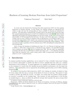 Hardness of Learning Boolean Functions from Label Proportions