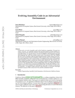 Evolving Assembly Code in an Adversarial Environment