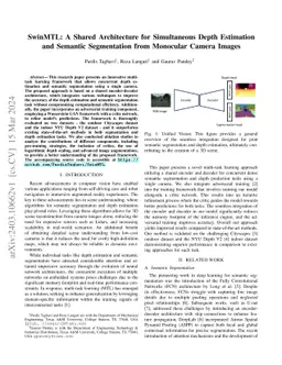 SwinMTL: A Shared Architecture for Simultaneous Depth Estimation and
  Semantic Segmentation from Monocular Camera Images
