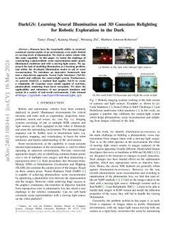 DarkGS: Learning Neural Illumination and 3D Gaussians Relighting for
  Robotic Exploration in the Dark