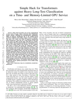 Simple Hack for Transformers against Heavy Long-Text Classification on a
  Time- and Memory-Limited GPU Service