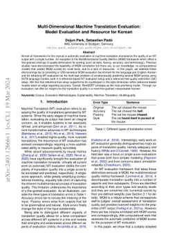 Multi-Dimensional Machine Translation Evaluation: Model Evaluation and
  Resource for Korean