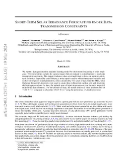 Short-Term Solar Irradiance Forecasting Under Data Transmission
  Constraints