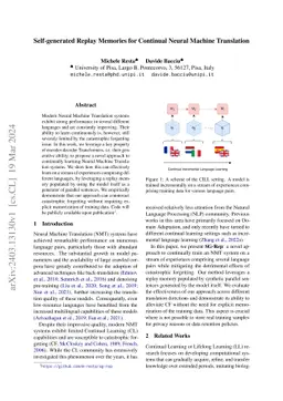 Self-generated Replay Memories for Continual Neural Machine Translation
