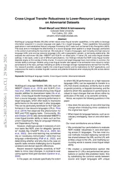 Cross-Lingual Transfer Robustness to Lower-Resource Languages on
  Adversarial Datasets