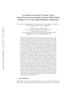 Low-Rank Continual Pyramid Vision Transformer: Incrementally Segment
  Whole-Body Organs in CT with Light-Weighted Adaptation