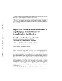 Explanation sensitivity to the randomness of large language models: the
  case of journalistic text classification