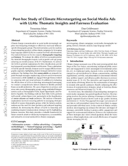 Post-hoc Study of Climate Microtargeting on Social Media Ads with LLMs: Thematic Insights and Fairness Evaluation