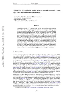 Does RoBERTa Perform Better than BERT in Continual Learning: An
  Attention Sink Perspective