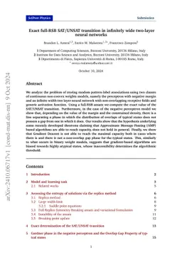 Exact full-RSB SAT/UNSAT transition in infinitely wide two-layer neural networks