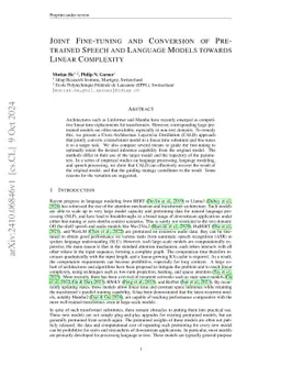 Joint Fine-tuning and Conversion of Pretrained Speech and Language Models towards Linear Complexity