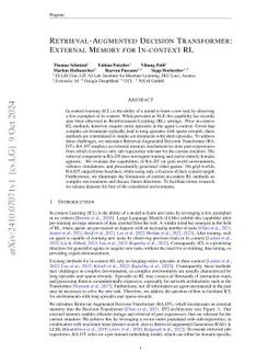 Retrieval-Augmented Decision Transformer: External Memory for In-context RL