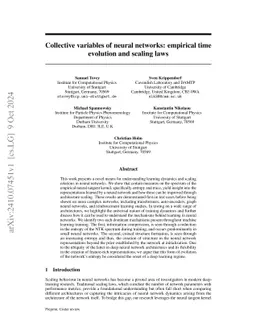 Collective variables of neural networks: empirical time evolution and
  scaling laws
