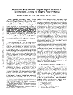 Probabilistic Satisfaction of Temporal Logic Constraints in
  Reinforcement Learning via Adaptive Policy-Switching