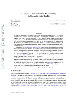 A Complete Characterization of Learnability for Stochastic Noisy Bandits