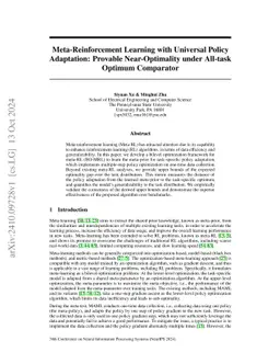 Meta-Reinforcement Learning with Universal Policy Adaptation: Provable
  Near-Optimality under All-task Optimum Comparator