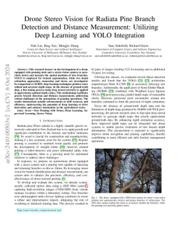 Drone Stereo Vision for Radiata Pine Branch Detection and Distance
  Measurement: Utilizing Deep Learning and YOLO Integration