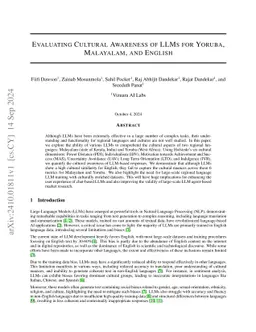 Evaluating Cultural Awareness of LLMs for Yoruba, Malayalam, and English