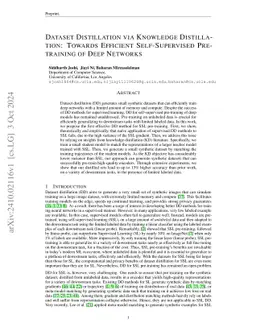 Dataset Distillation via Knowledge Distillation: Towards Efficient Self-Supervised Pre-Training of Deep Networks