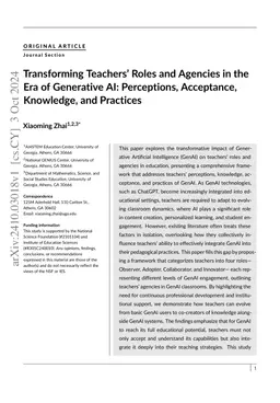 Transforming Teachers' Roles and Agencies in the Era of Generative AI:
  Perceptions, Acceptance, Knowledge, and Practices