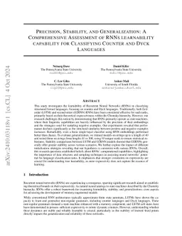 Precision, Stability, and Generalization: A Comprehensive Assessment of
  RNNs learnability capability for Classifying Counter and Dyck Languages