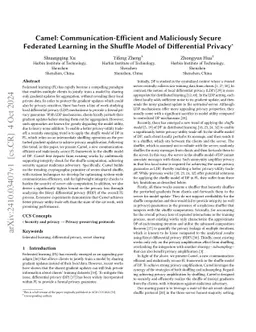 Camel: Communication-Efficient and Maliciously Secure Federated Learning
  in the Shuffle Model of Differential Privacy
