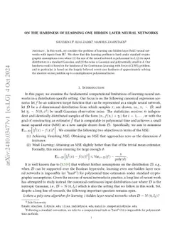 On the Hardness of Learning One Hidden Layer Neural Networks