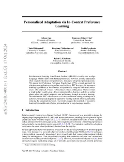 Personalized Adaptation via In-Context Preference Learning