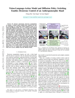 Vision-Language-Action Model and Diffusion Policy Switching Enables
  Dexterous Control of an Anthropomorphic Hand
