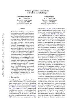 Critical Questions Generation: Motivation and Challenges