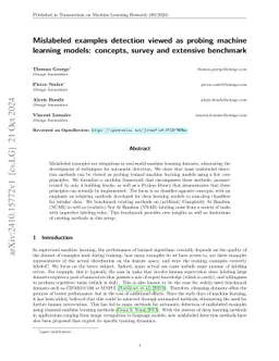 Mislabeled examples detection viewed as probing machine learning models:
  concepts, survey and extensive benchmark