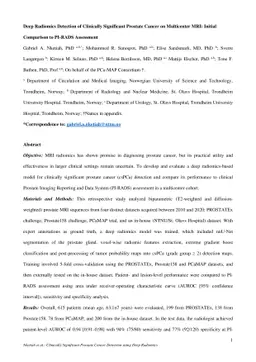 Deep Radiomics Detection of Clinically Significant Prostate Cancer on
  Multicenter MRI: Initial Comparison to PI-RADS Assessment