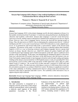 Kenyan Sign Language (KSL) Dataset: Using Artificial Intelligence (AI)
  in Bridging Communication Barrier among the Deaf Learners