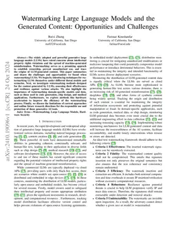 Watermarking Large Language Models and the Generated Content:
  Opportunities and Challenges